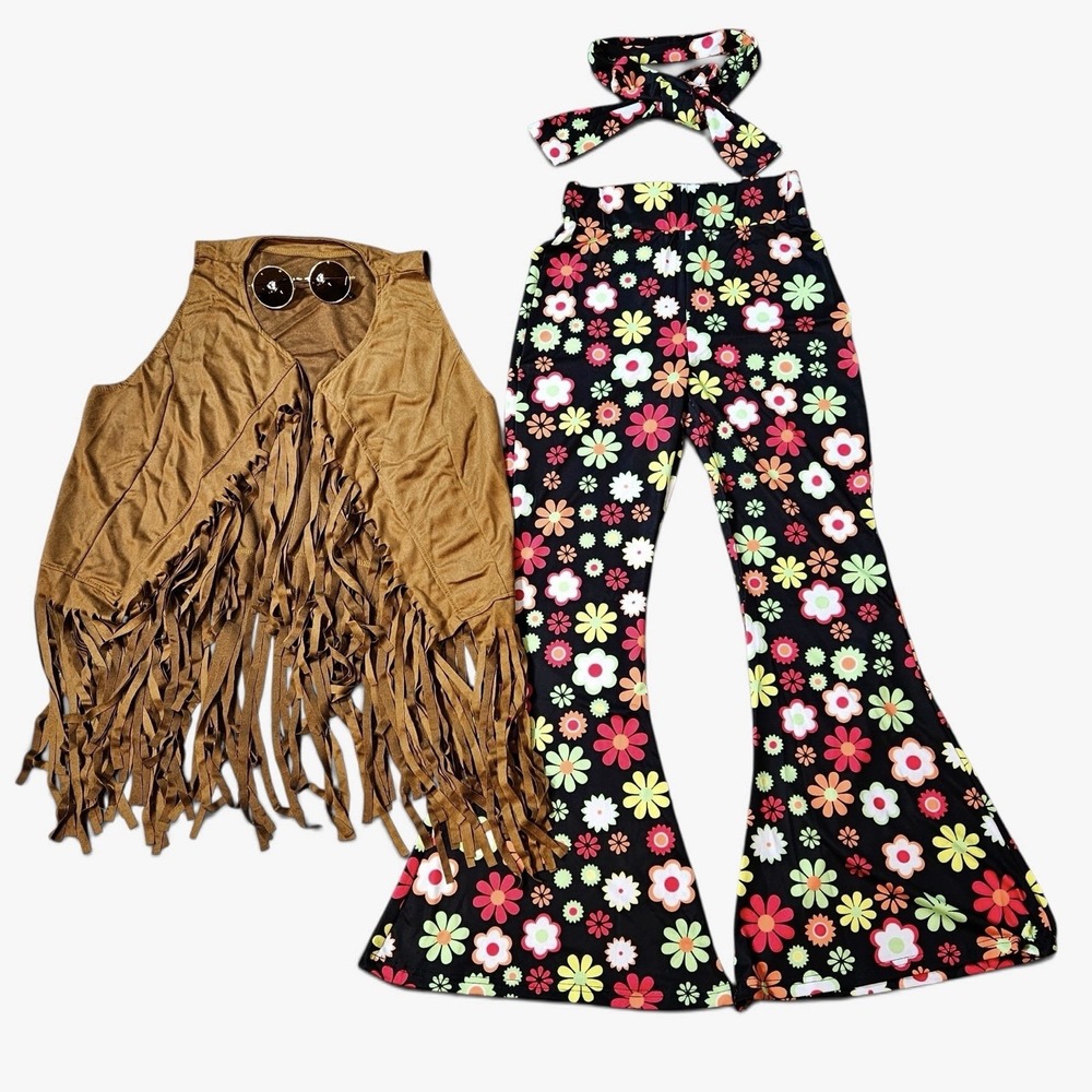 Womens 70s Hippie Groovy 4 Pieces Costume Outfit Vest Fringe Pants Halloween S